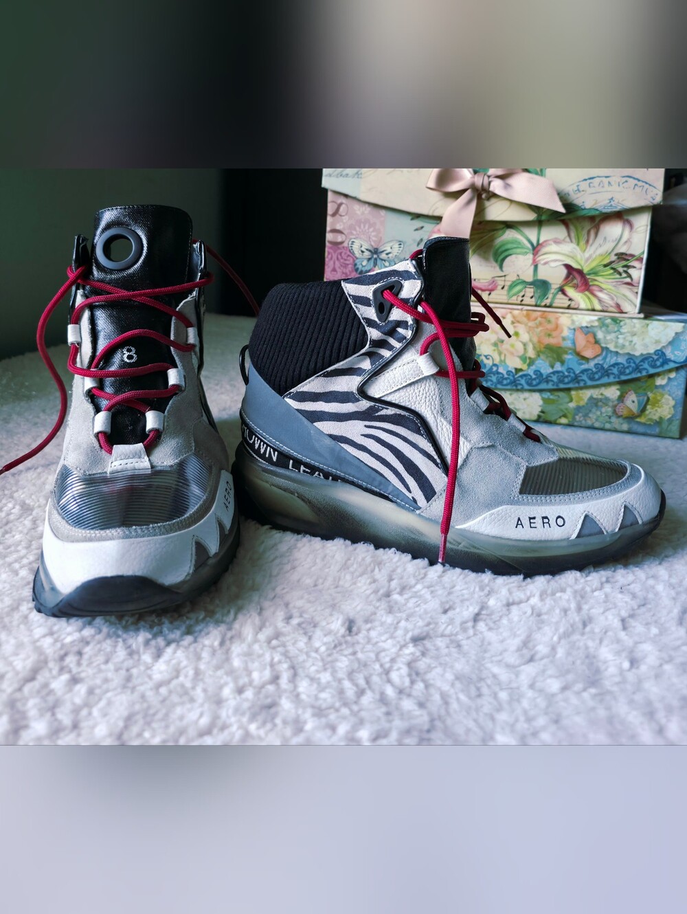 Leather Crown Women’s High-Top Sneakers in Gray, Black & Red with Zebra Accent